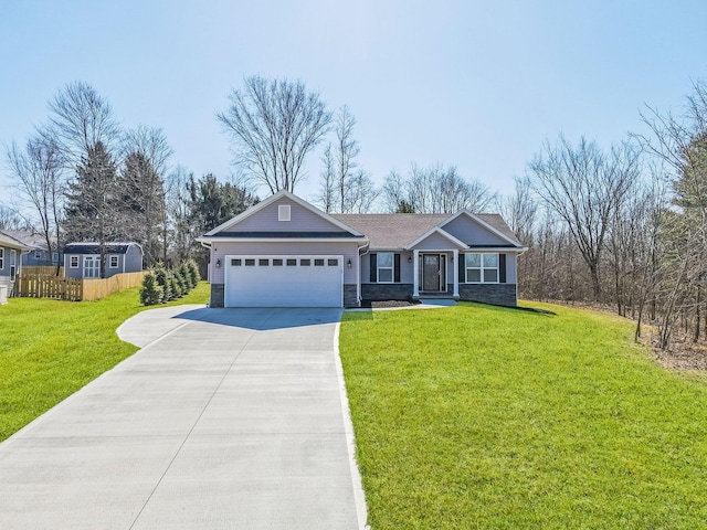 single story home featuring a front lawn, driveway, stone siding, fence, and a garage