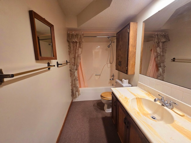 full bathroom with decorative backsplash, vanity, shower / tub combo with curtain, and toilet