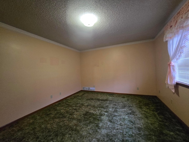 spare room featuring ornamental molding, carpet, and a textured ceiling