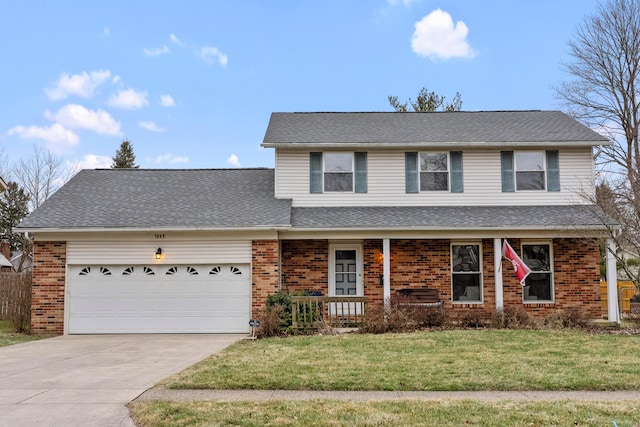 front of property featuring a porch, a garage, and a front lawn