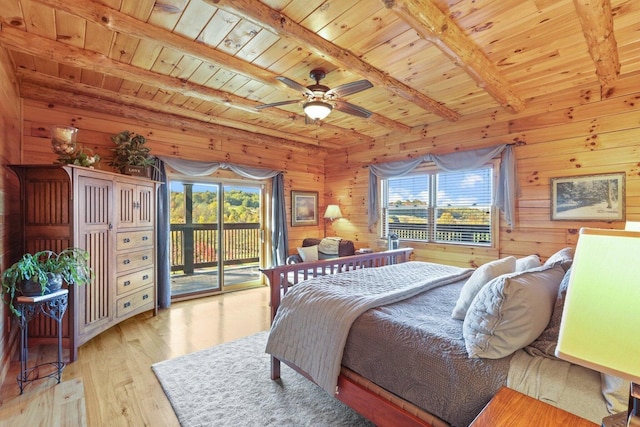 bedroom featuring access to exterior, wood ceiling, and light hardwood / wood-style floors