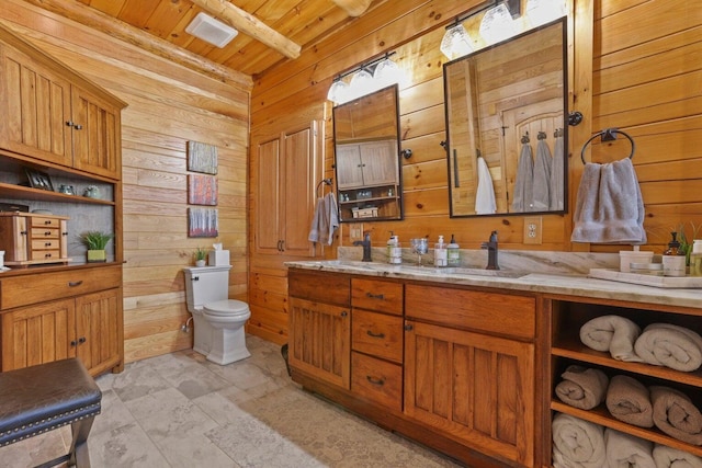 bathroom with wooden ceiling, toilet, vanity, and wood walls