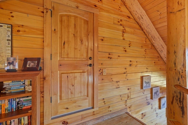 room details featuring wood walls