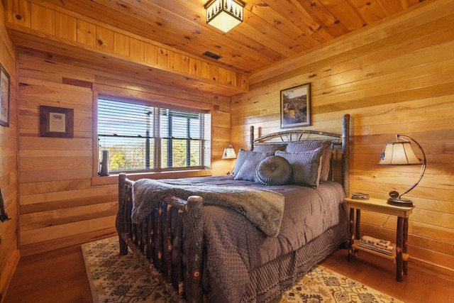 bedroom featuring hardwood / wood-style flooring, wooden walls, and wooden ceiling