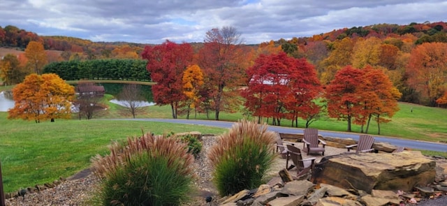 surrounding community with a water view and a yard