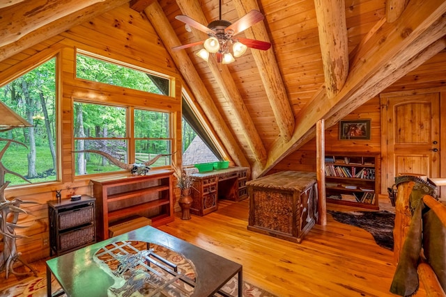 20358 Buena Vista Rd, Rockbridge, OH 43149 - bedroom featuring wooden walls, wood ceiling, multiple windows, and hardwood / wood-style floors