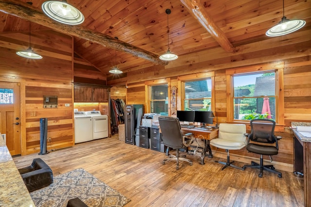 20358 Buena Vista Rd, Rockbridge, OH 43149 - home office with washer and dryer, light wood-style flooring, wooden walls, and wooden ceiling