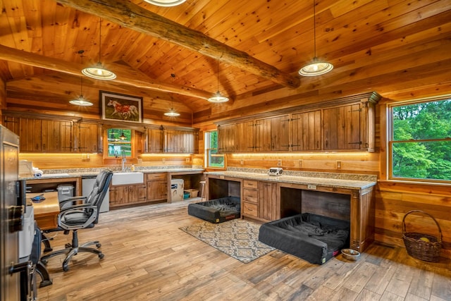20358 Buena Vista Rd, Rockbridge, OH 43149 - home office with wooden ceiling, wooden walls, light wood-style floors, and a sink