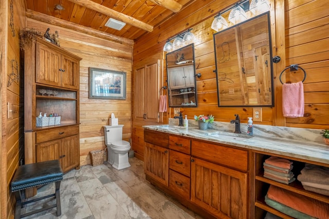 20358 Buena Vista Rd, Rockbridge, OH 43149 - full bath featuring wood walls, wood ceiling, double vanity, and toilet