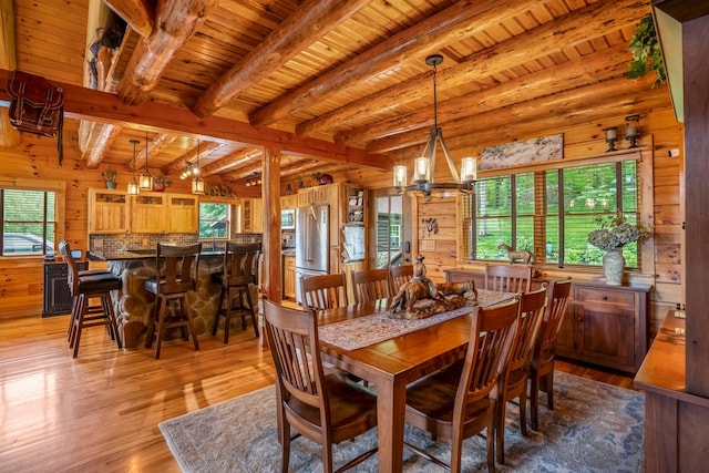 20358 Buena Vista Rd, Rockbridge, OH 43149 - dining space featuring wood walls, light wood-style floors, wooden ceiling with exposed beams, and a chandelier