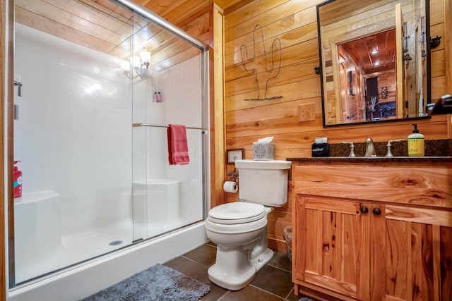 20358 Buena Vista Rd, Rockbridge, OH 43149 - full bath featuring tile patterned floors, toilet, vanity, a stall shower, and wood walls