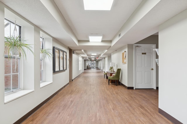 corridor featuring a tray ceiling, a skylight, and light wood-type flooring