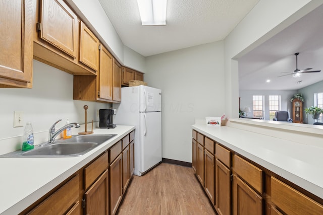 kitchen with sink, light hardwood / wood-style flooring, a textured ceiling, white refrigerator, and ceiling fan