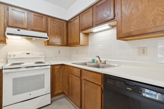 kitchen with dishwasher, sink, decorative backsplash, and white range with electric stovetop