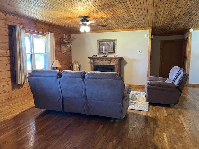 living room featuring ceiling fan, dark wood-type flooring, wooden walls, and wood ceiling