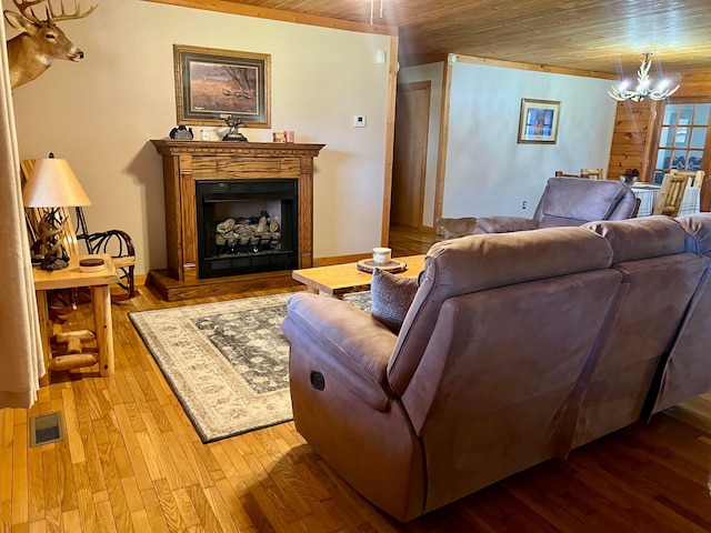 living room with wood ceiling, light hardwood / wood-style floors, and a notable chandelier