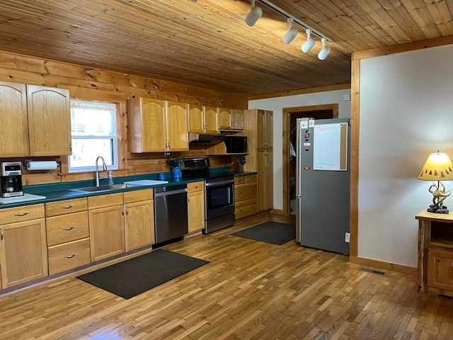 kitchen with sink, wood ceiling, light hardwood / wood-style flooring, appliances with stainless steel finishes, and track lighting