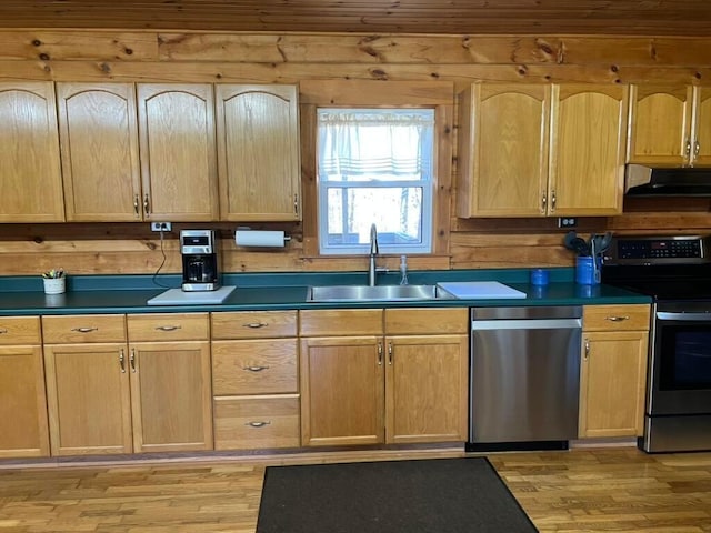 kitchen with appliances with stainless steel finishes, sink, and light wood-type flooring