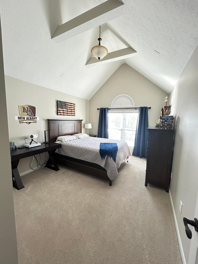 bedroom with lofted ceiling, light colored carpet, and a textured ceiling