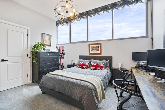 bedroom with multiple windows, carpet floors, and a notable chandelier