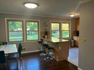 kitchen with crown molding, dark hardwood / wood-style floors, kitchen peninsula, and a kitchen bar