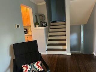 staircase with ornamental molding and hardwood / wood-style floors