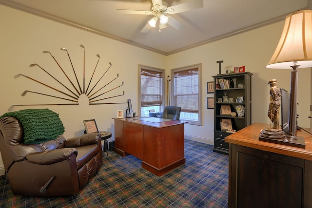 carpeted office with ceiling fan and ornamental molding