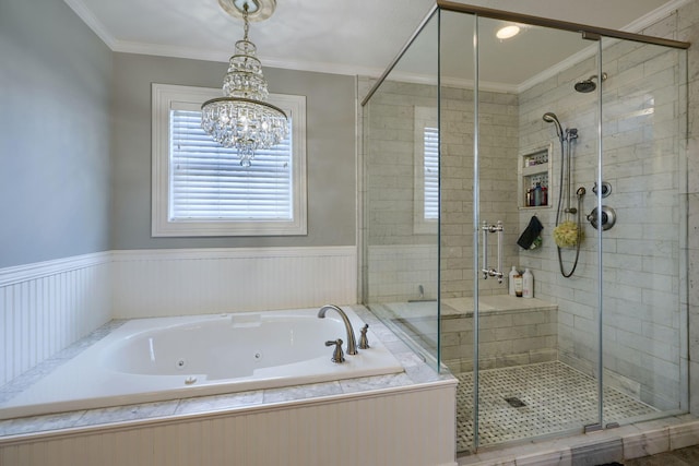 bathroom featuring crown molding and plus walk in shower