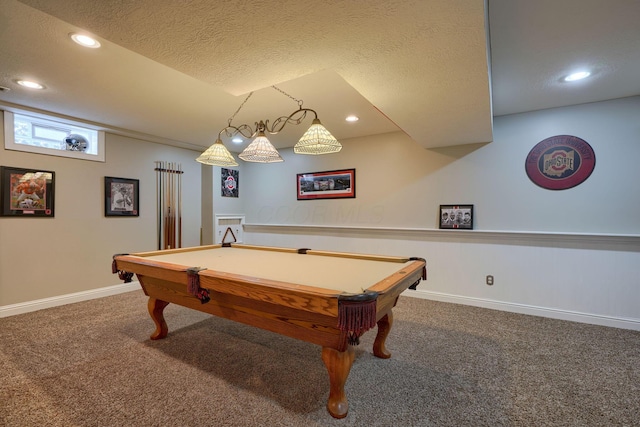 rec room featuring carpet, a textured ceiling, and billiards