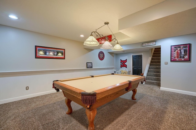 playroom featuring pool table and carpet