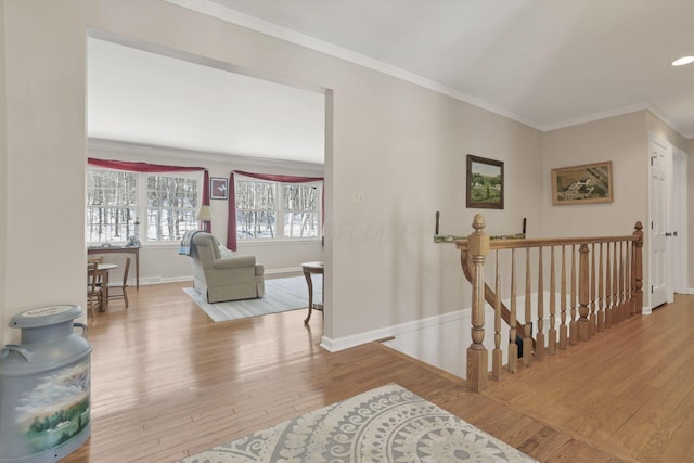 hall featuring ornamental molding and light wood-type flooring