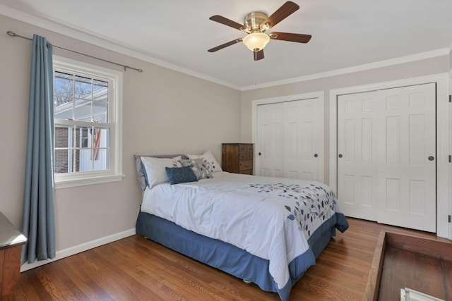 bedroom featuring multiple closets, crown molding, dark wood-type flooring, and ceiling fan