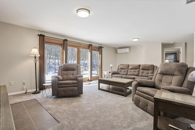 living room featuring an AC wall unit and carpet