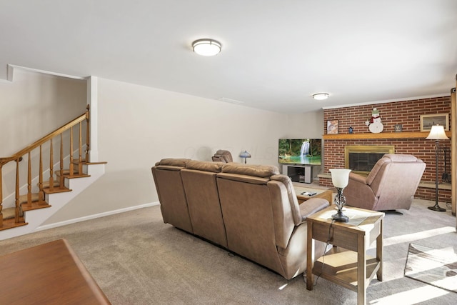 carpeted living room with a fireplace