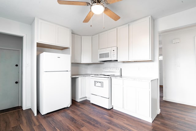 kitchen with ceiling fan, dark wood-type flooring, white cabinets, and white appliances