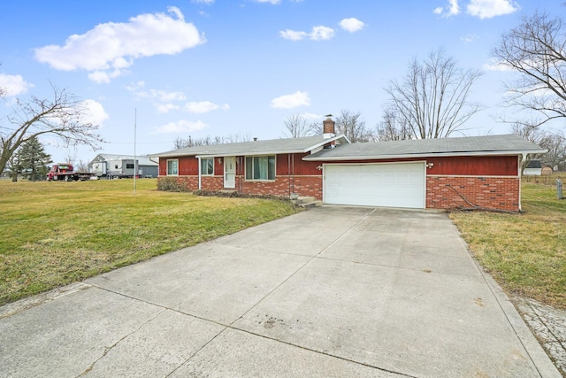 ranch-style house with a garage and a front lawn