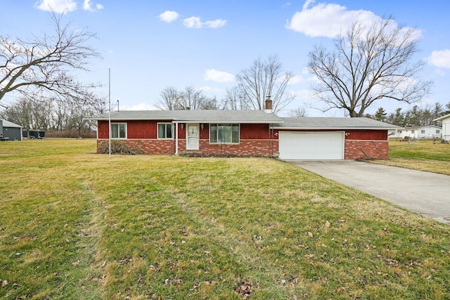 ranch-style home with a garage and a front lawn