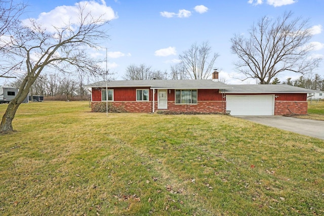 ranch-style home with a garage and a front yard