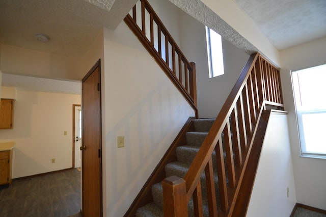 stairway with hardwood / wood-style floors and a textured ceiling