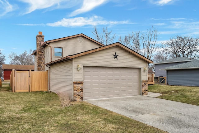 view of front facade with brick siding, a chimney, concrete driveway, a front yard, and fence