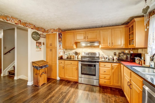 kitchen with dark hardwood / wood-style flooring, sink, tasteful backsplash, and stainless steel appliances