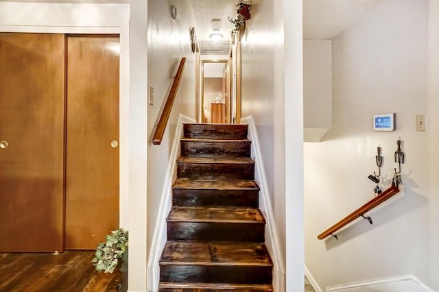 staircase with wood-type flooring