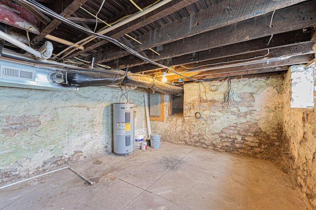 basement featuring electric panel and water heater