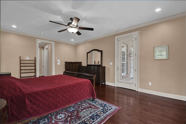 bedroom featuring dark wood-type flooring, ornamental molding, ceiling fan, and access to outside