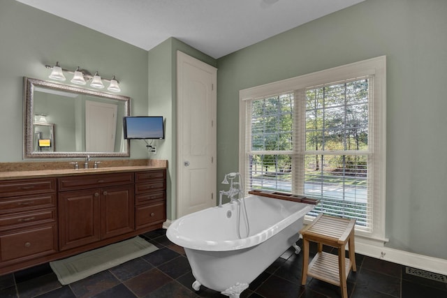 bathroom featuring vanity and a washtub