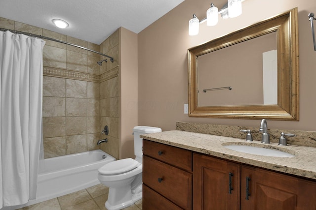 full bathroom featuring tile patterned flooring, shower / tub combo, vanity, a textured ceiling, and toilet