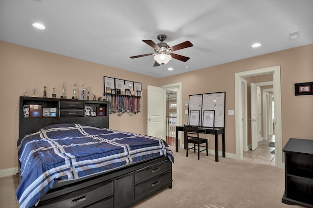 carpeted bedroom featuring ceiling fan