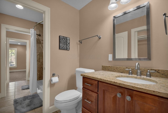 full bathroom with tile patterned floors, vanity, toilet, and shower / tub combo with curtain