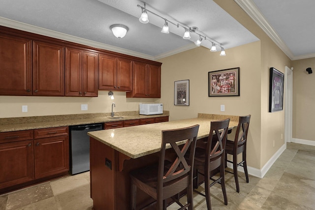 kitchen with dishwasher, sink, a kitchen breakfast bar, ornamental molding, and light stone counters