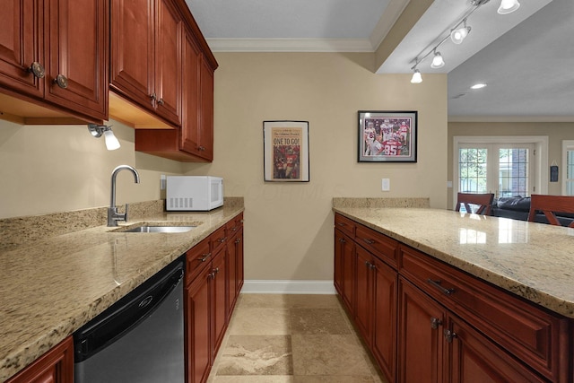 kitchen featuring light stone countertops, crown molding, stainless steel dishwasher, and sink